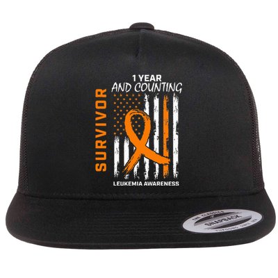 1 Year Cancer Free Orange Leukemia Survivor American Flag Flat Bill Trucker Hat