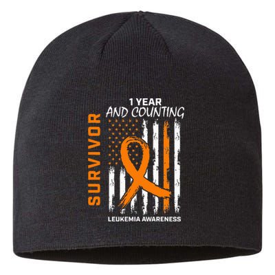 1 Year Cancer Free Orange Leukemia Survivor American Flag Sustainable Beanie