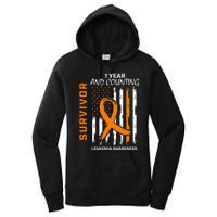 1 Year Cancer Free Orange Leukemia Survivor American Flag Women's Pullover Hoodie