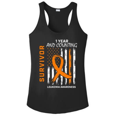 1 Year Cancer Free Orange Leukemia Survivor American Flag Ladies PosiCharge Competitor Racerback Tank