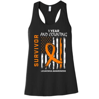 1 Year Cancer Free Orange Leukemia Survivor American Flag Women's Racerback Tank