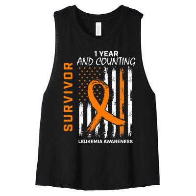 1 Year Cancer Free Orange Leukemia Survivor American Flag Women's Racerback Cropped Tank