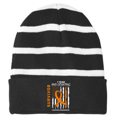 1 Year Cancer Free Orange Leukemia Survivor American Flag Striped Beanie with Solid Band