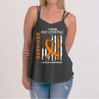 1 Year Cancer Free Orange Leukemia Survivor American Flag Women's Strappy Tank