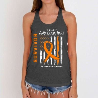 1 Year Cancer Free Orange Leukemia Survivor American Flag Women's Knotted Racerback Tank