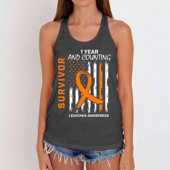 1 Year Cancer Free Orange Leukemia Survivor American Flag Women's Knotted Racerback Tank