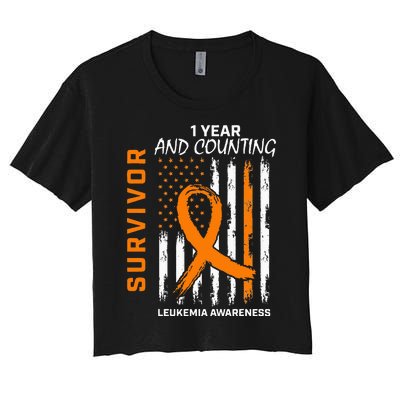 1 Year Cancer Free Orange Leukemia Survivor American Flag Women's Crop Top Tee