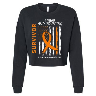 1 Year Cancer Free Orange Leukemia Survivor American Flag Cropped Pullover Crew