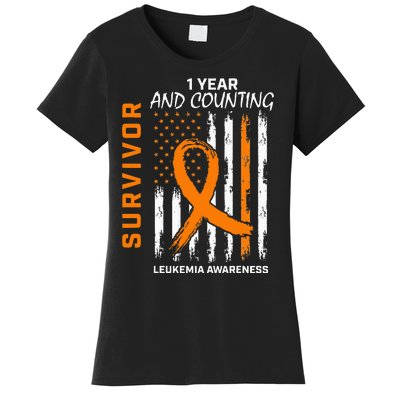 1 Year Cancer Free Orange Leukemia Survivor American Flag Women's T-Shirt