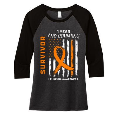 1 Year Cancer Free Orange Leukemia Survivor American Flag Women's Tri-Blend 3/4-Sleeve Raglan Shirt