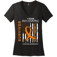 1 Year Cancer Free Orange Leukemia Survivor American Flag Women's V-Neck T-Shirt