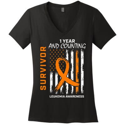 1 Year Cancer Free Orange Leukemia Survivor American Flag Women's V-Neck T-Shirt