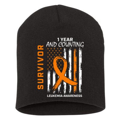 1 Year Cancer Free Orange Leukemia Survivor American Flag Short Acrylic Beanie