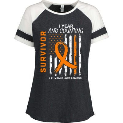 1 Year Cancer Free Orange Leukemia Survivor American Flag Enza Ladies Jersey Colorblock Tee