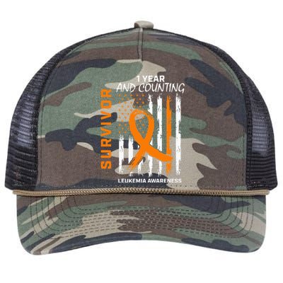 1 Year Cancer Free Orange Leukemia Survivor American Flag Retro Rope Trucker Hat Cap