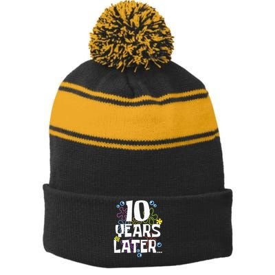 10 Years Later Ten 10 Year Old Birthday Stripe Pom Pom Beanie