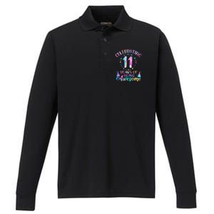 11 Years of Being Awesome 11 Years Old 11th Birthday Tie Dye Performance Long Sleeve Polo