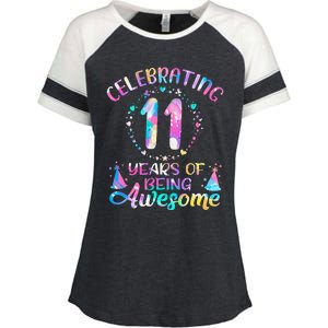 11 Years of Being Awesome 11 Years Old 11th Birthday Tie Dye Enza Ladies Jersey Colorblock Tee