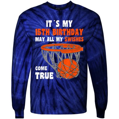 15 Year Old Happy 15th Birthday Basketball 15th Birthday Tie-Dye Long Sleeve Shirt