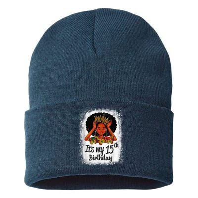 15 Years Old Black Melanin Wo Girl It's My 15th Birthday Sustainable Knit Beanie