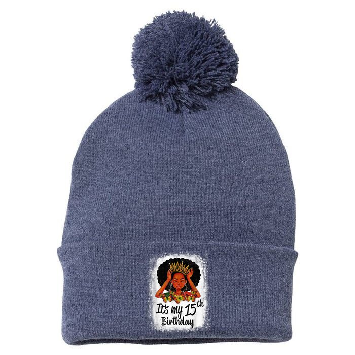 15 Years Old Black Melanin Wo Girl It's My 15th Birthday Pom Pom 12in Knit Beanie