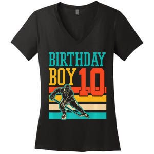 10 Year Old Ice Hockey Themed Birthday Party 10th  Gift Women's V-Neck T-Shirt