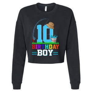 10 Year Old Fishing 10th Birthday Bday Party Decorations Cropped Pullover Crew