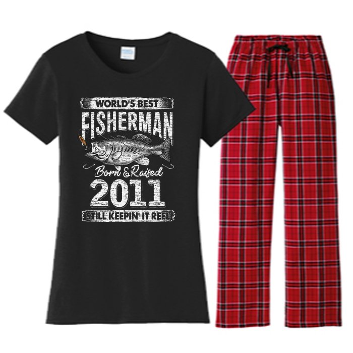 10 Years Old Fisherman Born In 2011 Fisherman 10th Birthday Women's Flannel Pajama Set