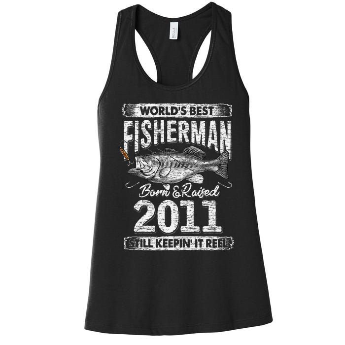 10 Years Old Fisherman Born In 2011 Fisherman 10th Birthday Women's Racerback Tank