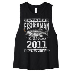 10 Years Old Fisherman Born In 2011 Fisherman 10th Birthday Women's Racerback Cropped Tank