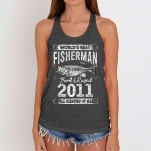 10 Years Old Fisherman Born In 2011 Fisherman 10th Birthday Women's Knotted Racerback Tank