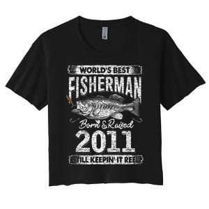 10 Years Old Fisherman Born In 2011 Fisherman 10th Birthday Women's Crop Top Tee