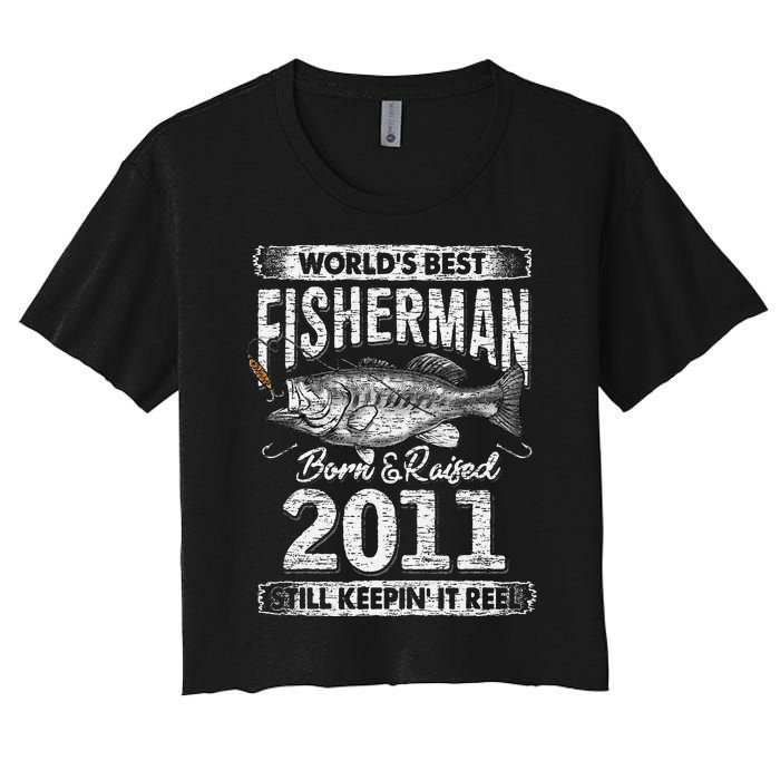 10 Years Old Fisherman Born In 2011 Fisherman 10th Birthday Women's Crop Top Tee