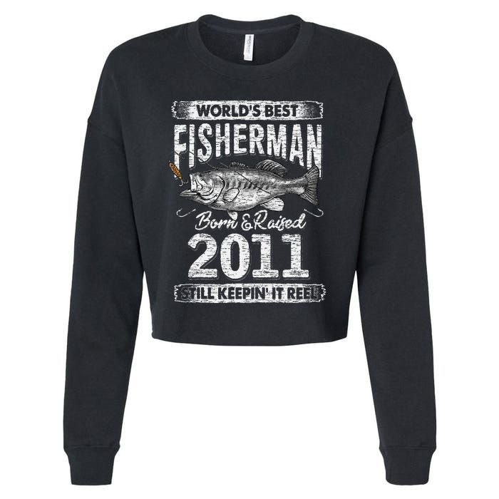 10 Years Old Fisherman Born In 2011 Fisherman 10th Birthday Cropped Pullover Crew