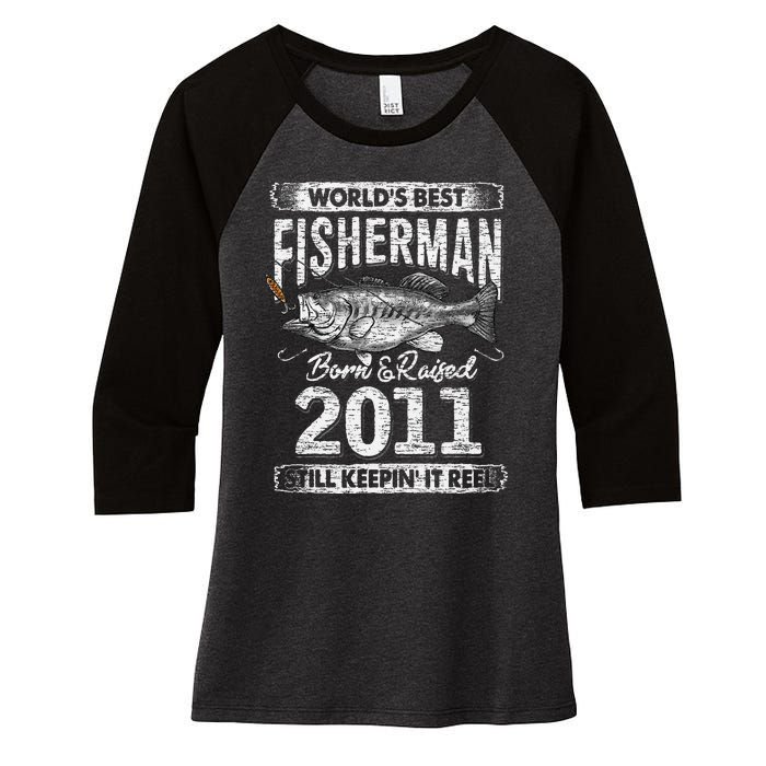 10 Years Old Fisherman Born In 2011 Fisherman 10th Birthday Women's Tri-Blend 3/4-Sleeve Raglan Shirt