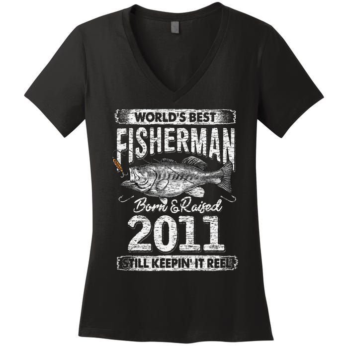 10 Years Old Fisherman Born In 2011 Fisherman 10th Birthday Women's V-Neck T-Shirt