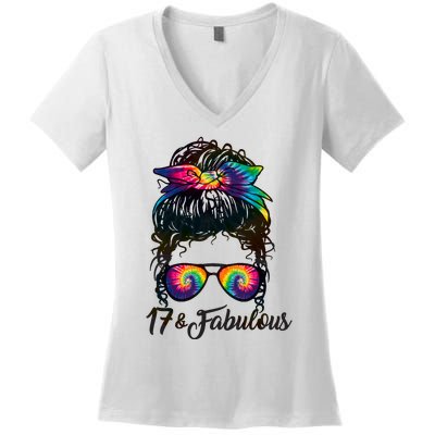 17 Years Old Fabulous Messy Bun Tie Dye 17th Birthday Women's V-Neck T-Shirt