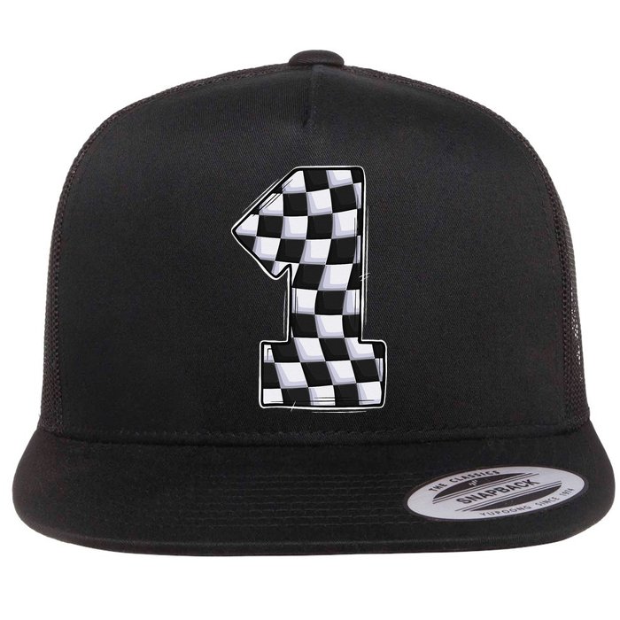 1 Year Old Pit Crew One Car Racing 1st Birthday Race Car Flat Bill Trucker Hat