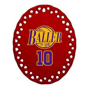 10 Years Old Birthday Basketball Baller Purple And Yellow Ceramic Oval Ornament