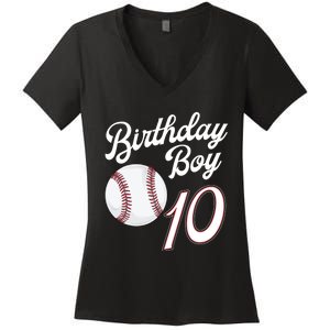 10 Years Old Baseball Themed 10th Birthday Party Sports Women's V-Neck T-Shirt