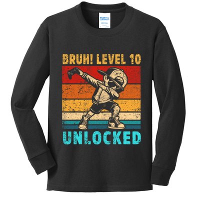 10 Year Old Birthday Dabbing Boy Bruh 10th Level Unlocked Kids Long Sleeve Shirt