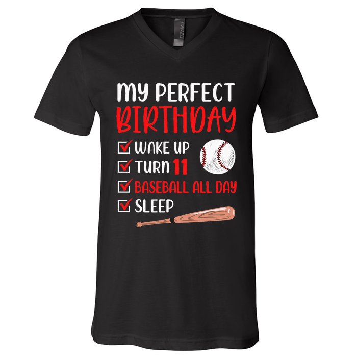 11 Year Old Baseball Birthday Party 11th Boy Eleven Player V-Neck T-Shirt