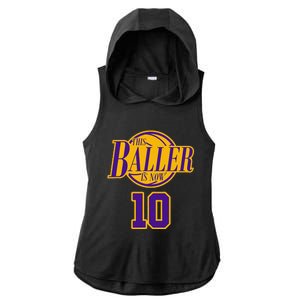 10 Years Old Birthday Basketball Baller Purple And Yellow Ladies PosiCharge Tri-Blend Wicking Draft Hoodie Tank