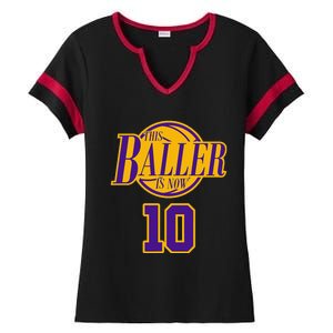 10 Years Old Birthday Basketball Baller Purple And Yellow Ladies Halftime Notch Neck Tee