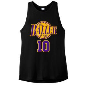 10 Years Old Birthday Basketball Baller Purple And Yellow Ladies PosiCharge Tri-Blend Wicking Tank