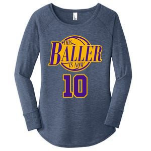 10 Years Old Birthday Basketball Baller Purple And Yellow Women's Perfect Tri Tunic Long Sleeve Shirt