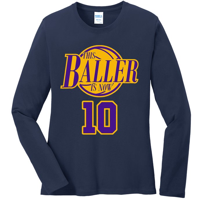 10 Years Old Birthday Basketball Baller Purple And Yellow Ladies Long Sleeve Shirt