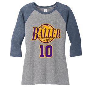 10 Years Old Birthday Basketball Baller Purple And Yellow Women's Tri-Blend 3/4-Sleeve Raglan Shirt