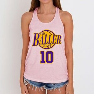 10 Years Old Birthday Basketball Baller Purple And Yellow Women's Knotted Racerback Tank