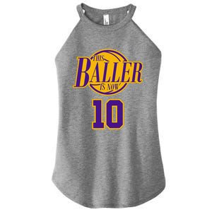 10 Years Old Birthday Basketball Baller Purple And Yellow Women's Perfect Tri Rocker Tank